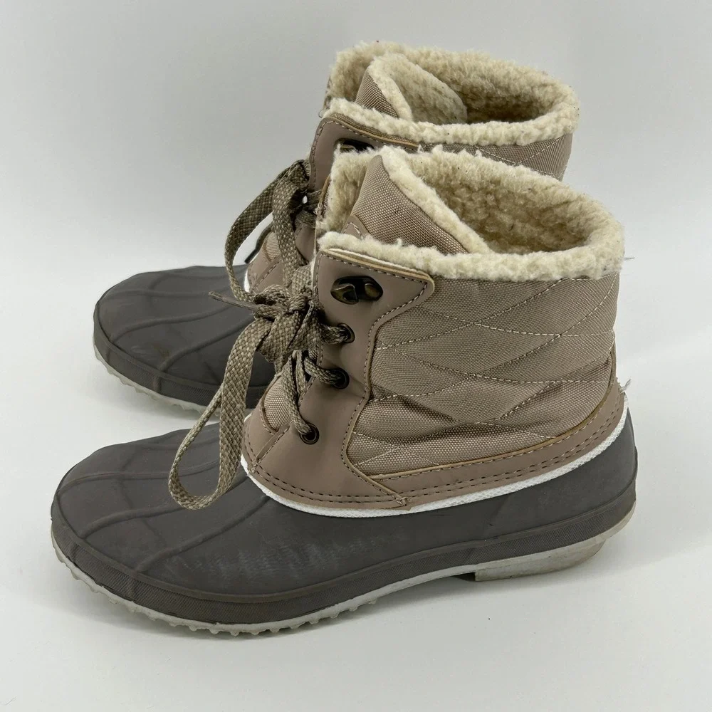 Khombu Tan Grey Quilted Sherpa Lined‎ Duck Boots Winter Waterproof Snow Women 8